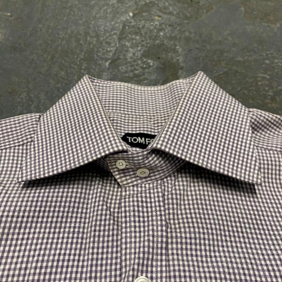 TOM FORD Lavender White Cotton Micro Gingham Button Up Shirt - Picture 3 of 9